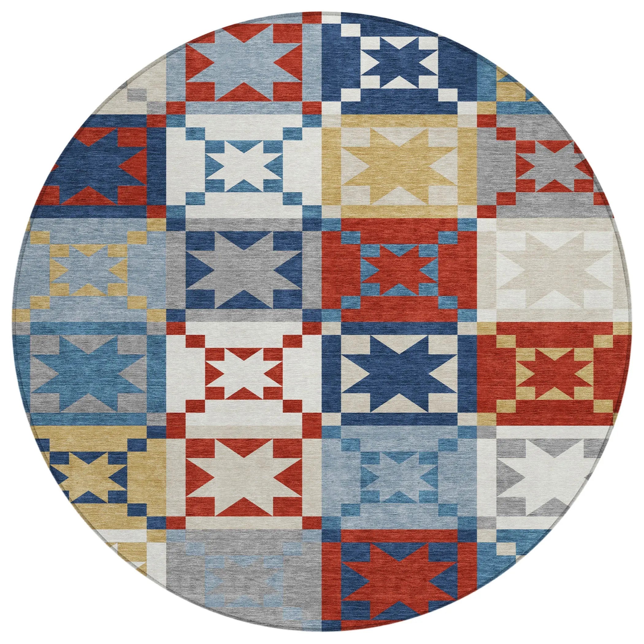 8' Red And Gold Round Patchwork Washable Indoor Outdoor Area Rug Homeroots Outdoor