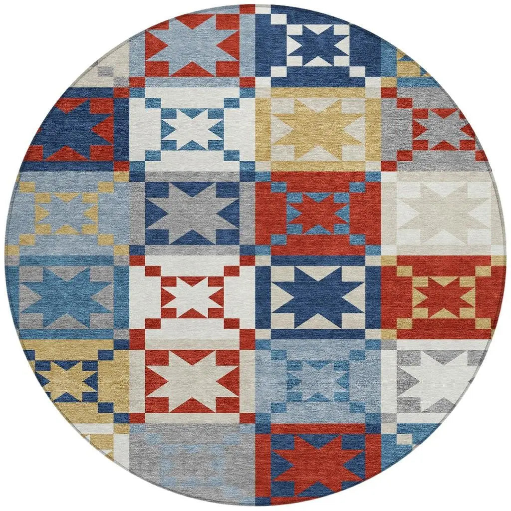8' Red And Gold Round Patchwork Washable Indoor Outdoor Area Rug Homeroots Outdoor