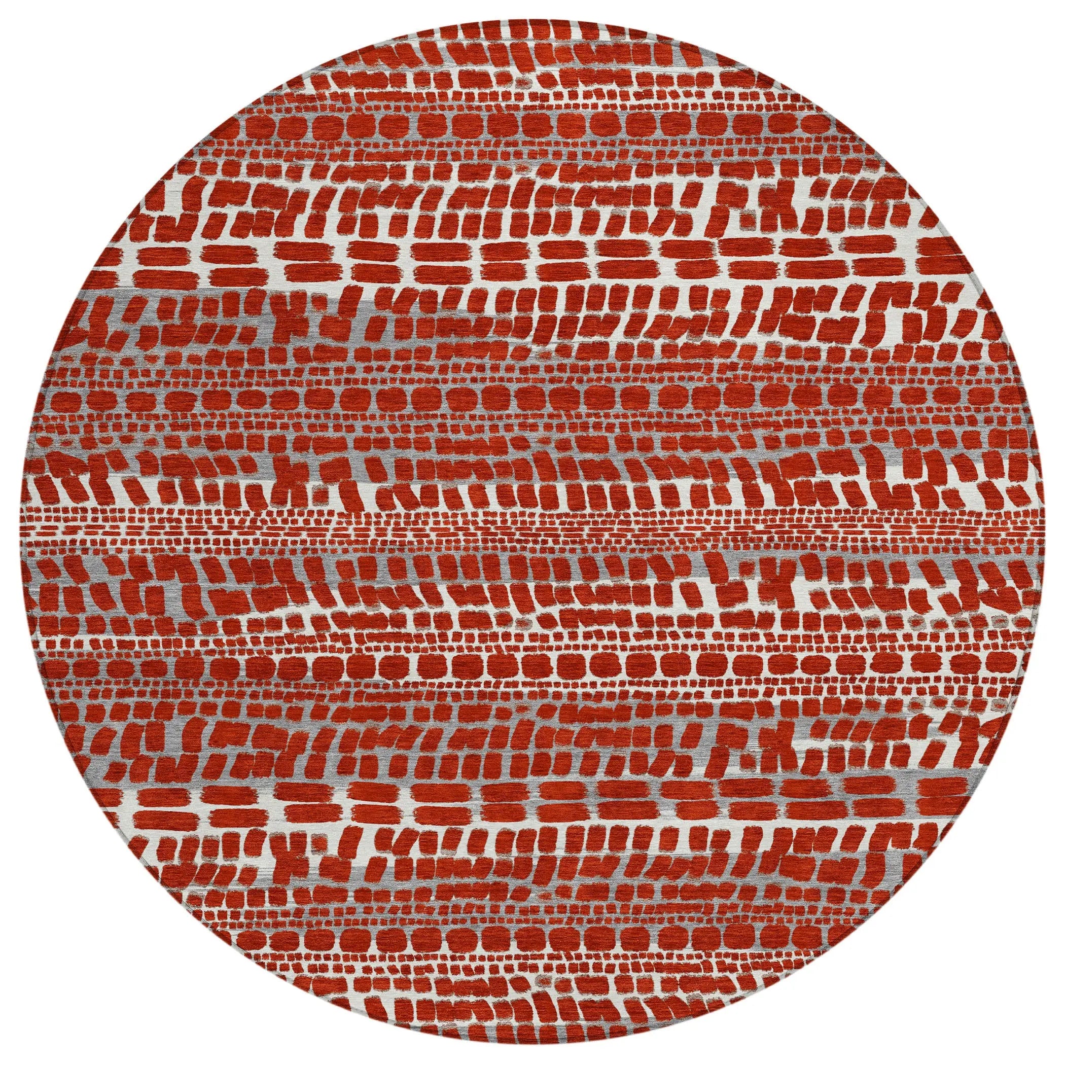 8' Red And Gray Round Abstract Washable Indoor Outdoor Area Rug Homeroots Outdoor