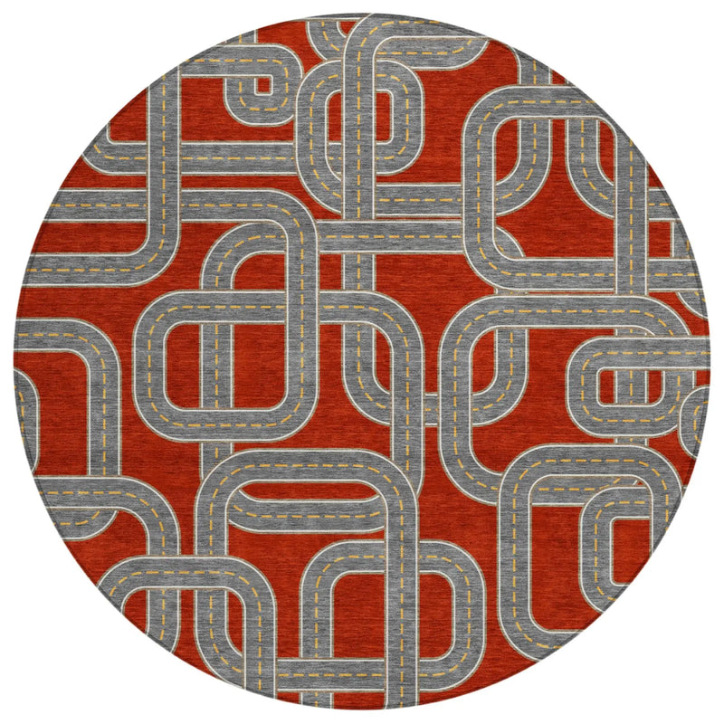 8' Red And Gray Round Geometric Washable Indoor Outdoor Area Rug Homeroots Outdoor