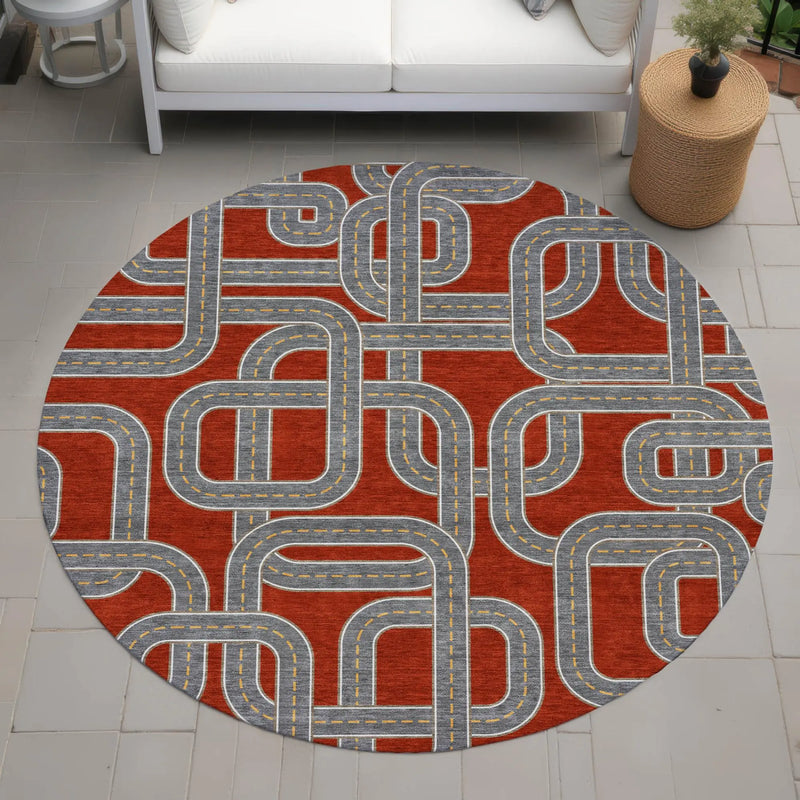 8' Red And Gray Round Geometric Washable Indoor Outdoor Area Rug Homeroots Outdoor