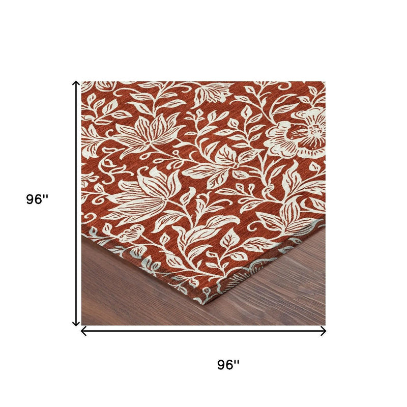 8' Red And Ivory Round Floral Washable Indoor Outdoor Area Rug Homeroots Outdoor