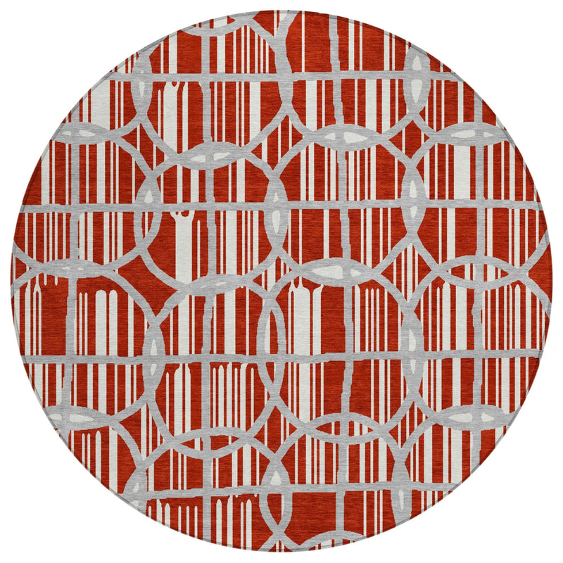 8' Red And Ivory Round Geometric Washable Indoor Outdoor Area Rug Homeroots Outdoor