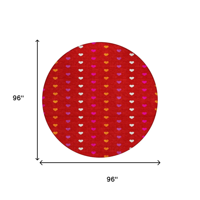 8' Red And Ivory Round Geometric Washable Indoor Outdoor Area Rug Homeroots Outdoor