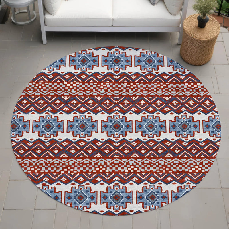8' Red And Ivory Round Striped Washable Indoor Outdoor Area Rug Homeroots Outdoor