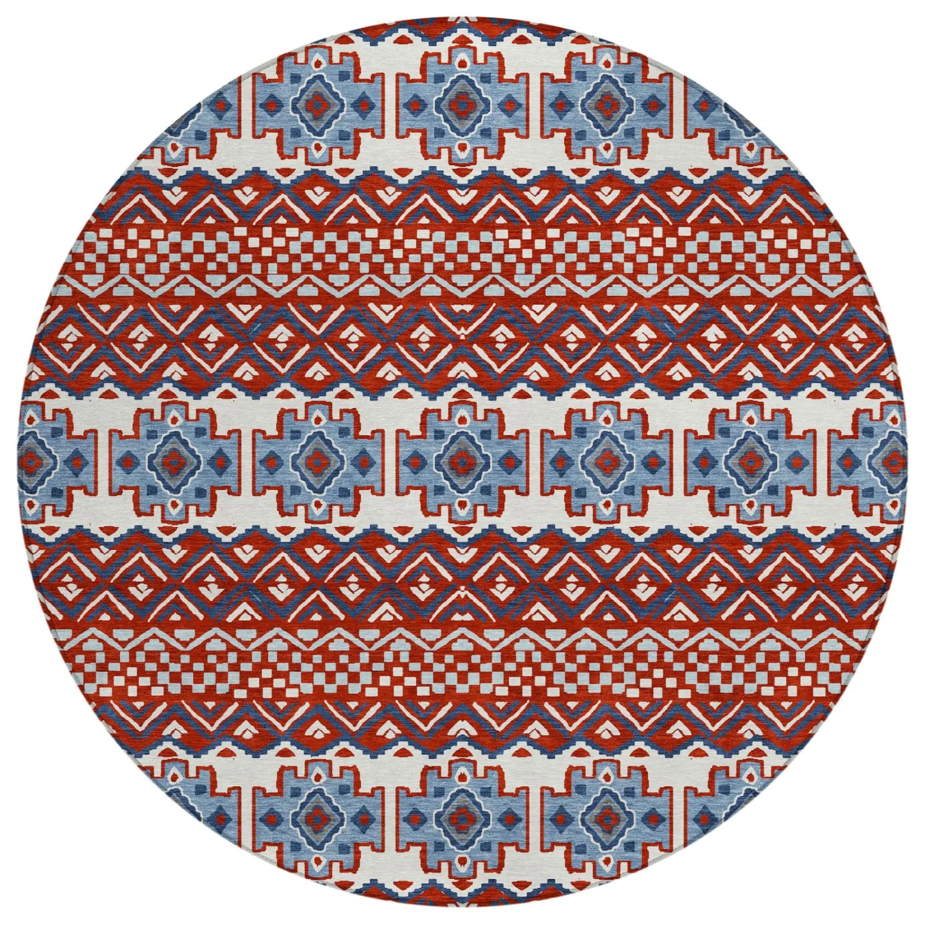 8' Red And Ivory Round Striped Washable Indoor Outdoor Area Rug Homeroots Outdoor