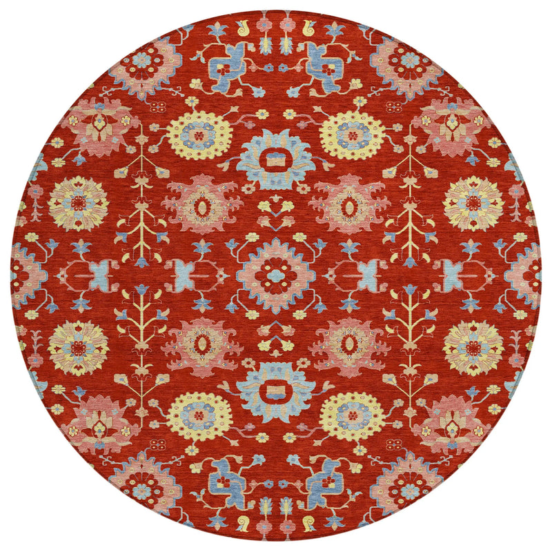 8' Red And Rust Round Geometric Washable Indoor Outdoor Area Rug Homeroots Outdoor