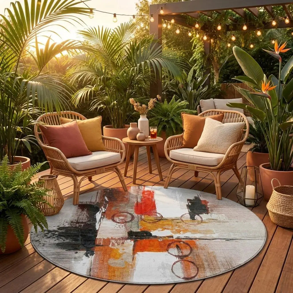 8' Red And Silver Round Abstract Washable Indoor Outdoor Area Rug Homeroots Outdoor