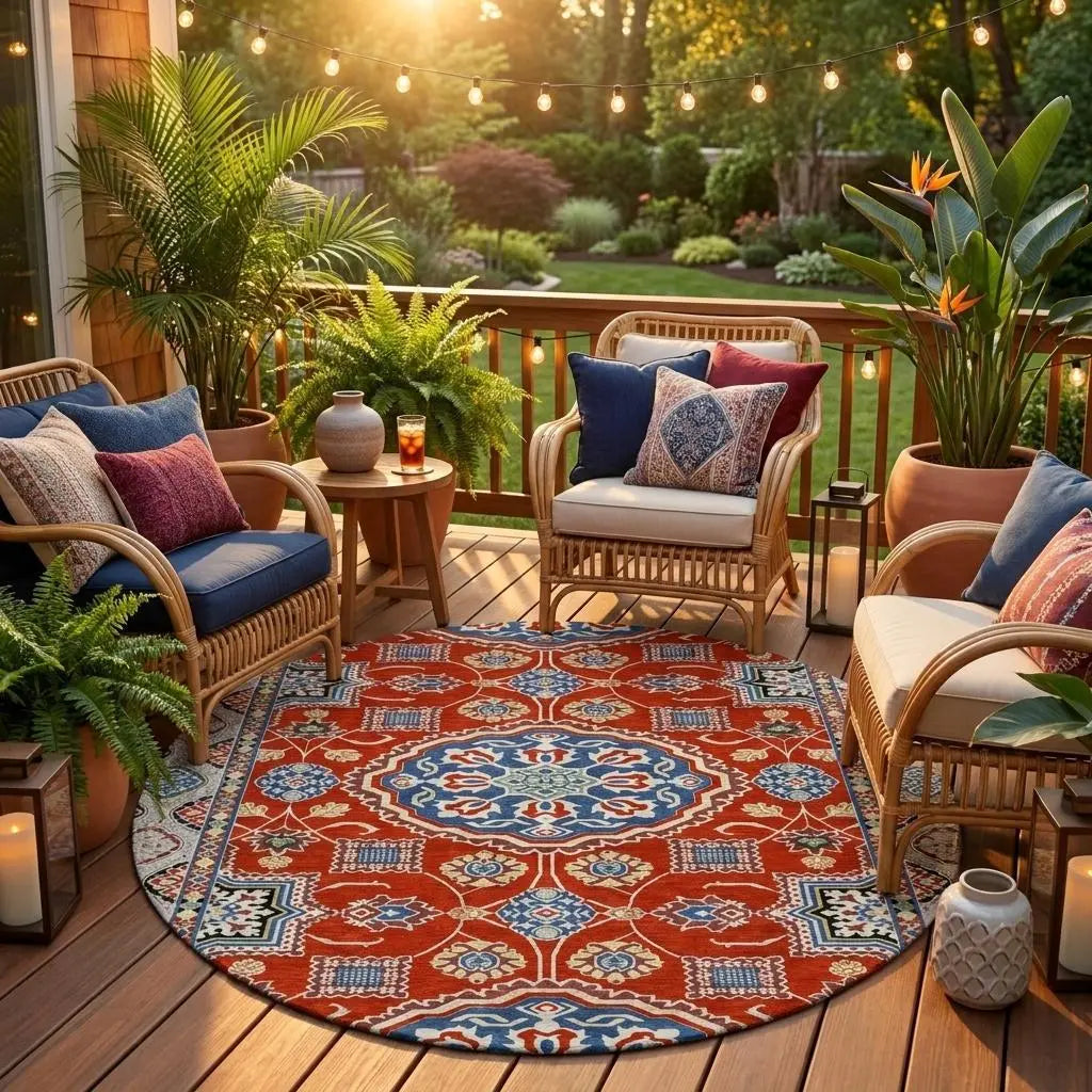 8' Red And Silver Round Floral Medallion Washable Indoor Outdoor Area Rug Homeroots Outdoor