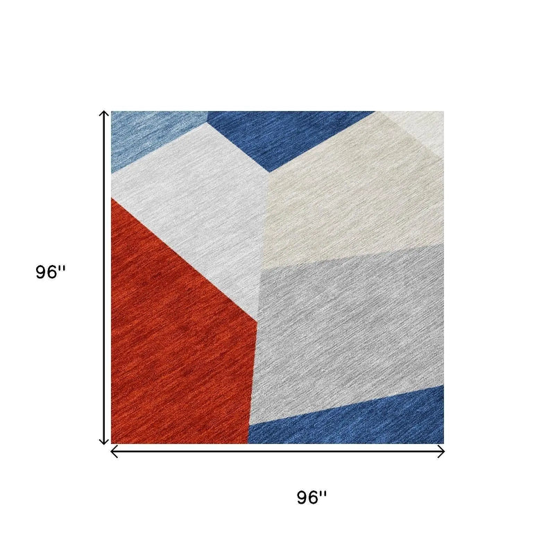 8' Red And Silver Round Geometric Washable Indoor Outdoor Area Rug Homeroots Outdoor