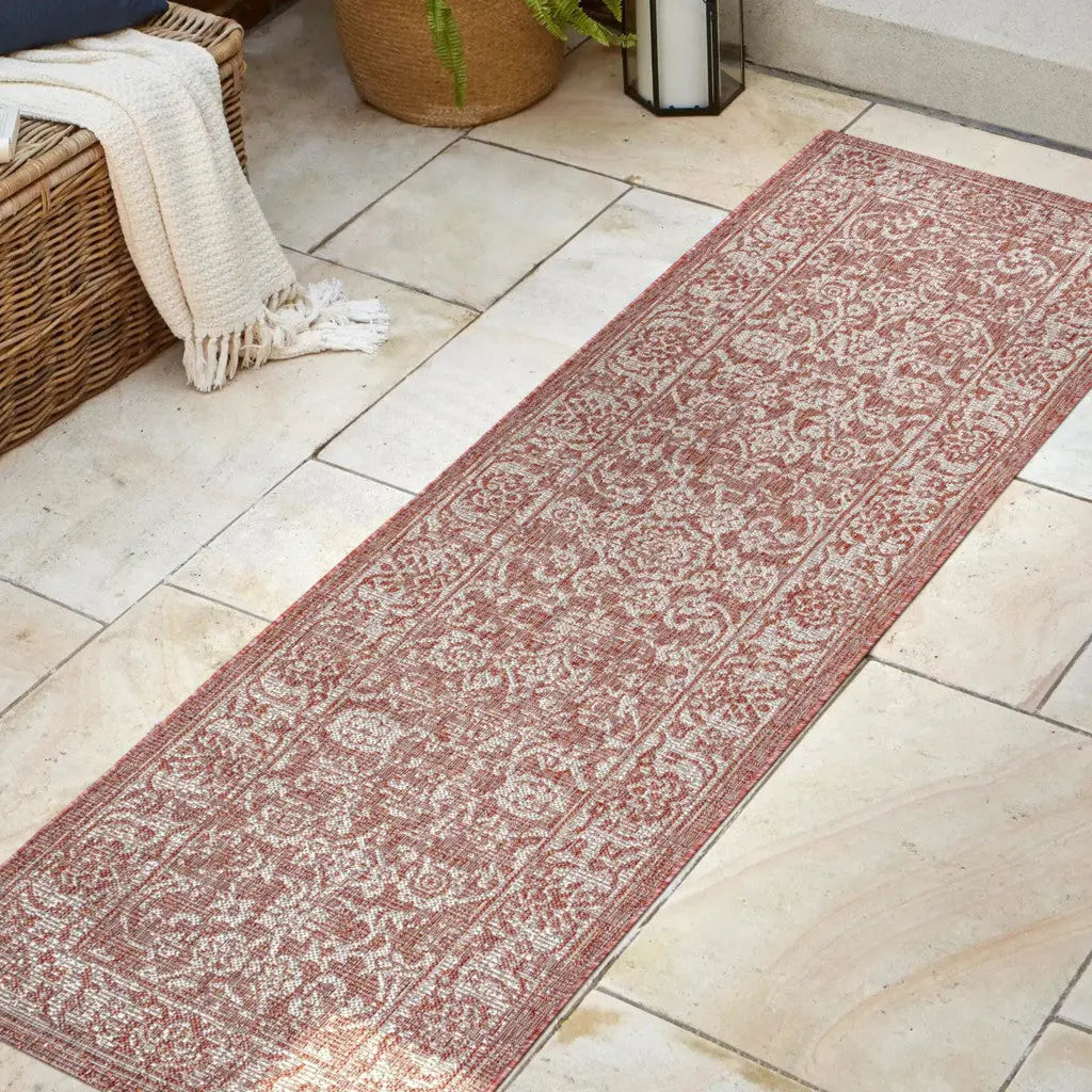 8' Red And Taupe Medallion Indoor Outdoor Runner Rug Homeroots Outdoor