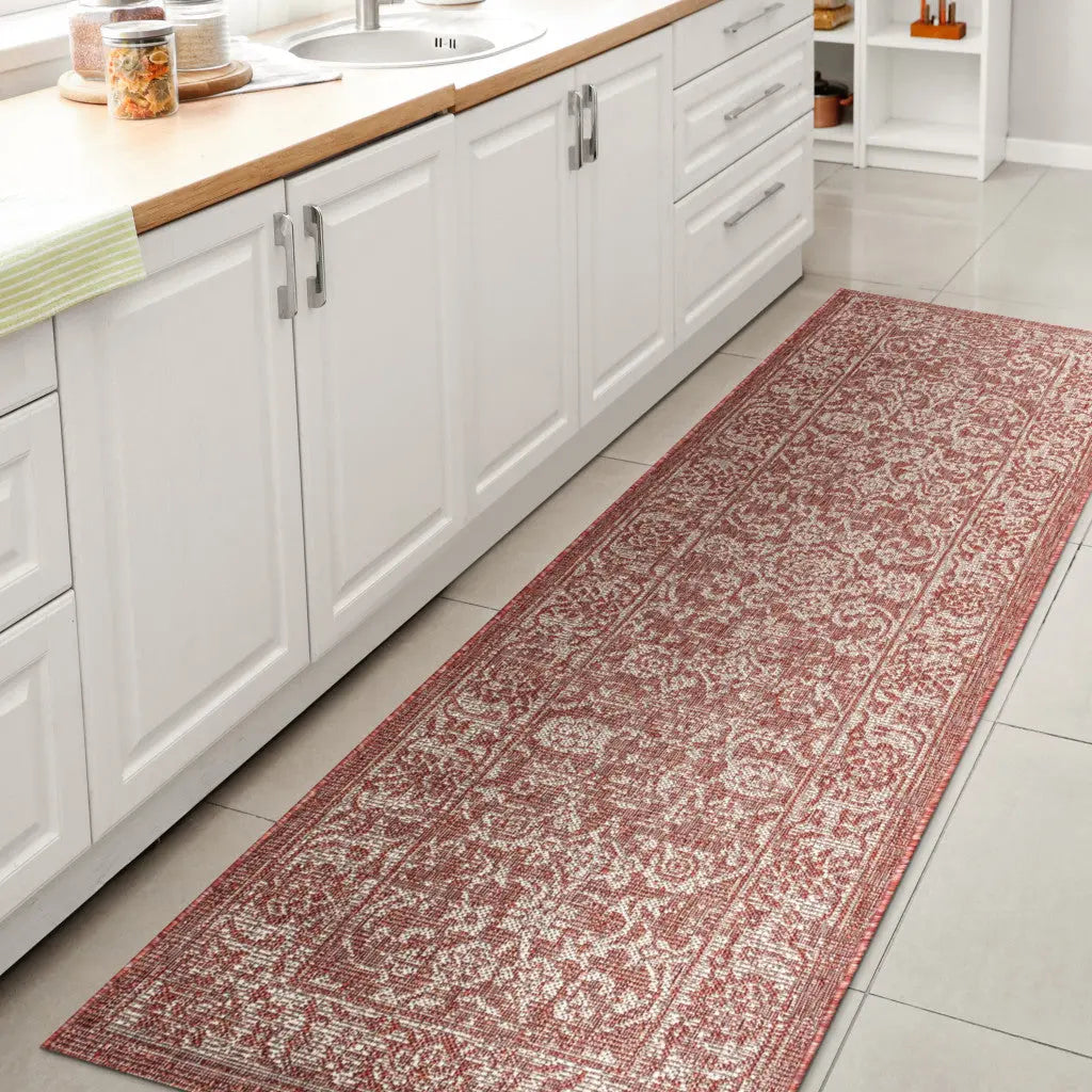 8' Red And Taupe Medallion Indoor Outdoor Runner Rug Homeroots Outdoor