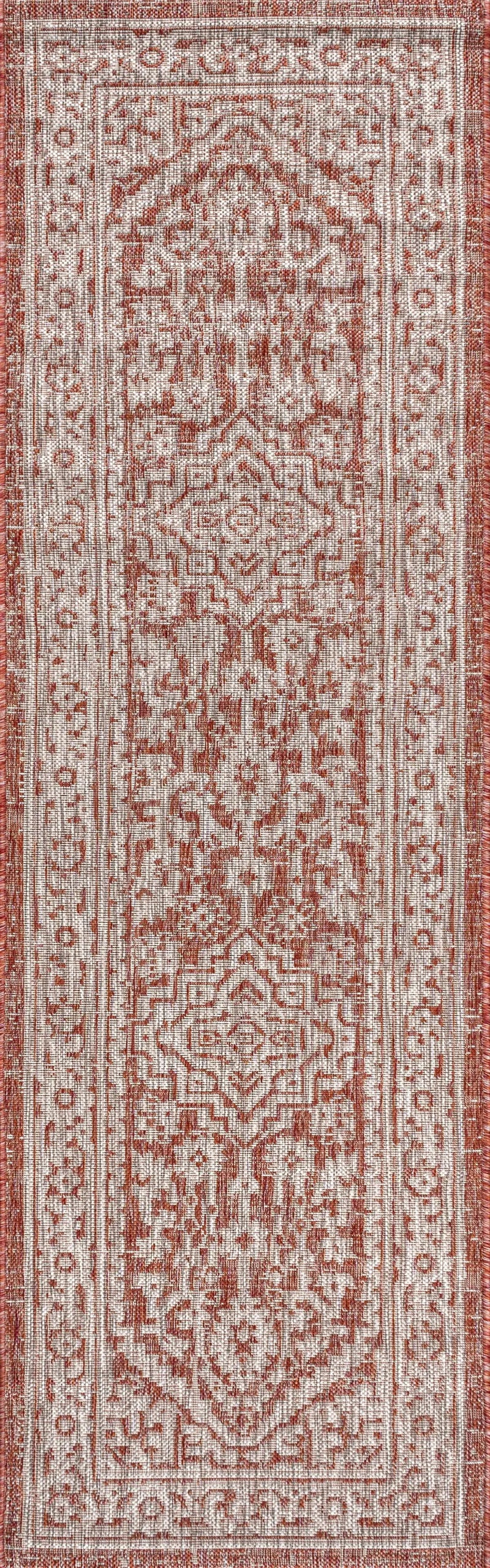 8' Red And Taupe Medallion Indoor Outdoor Runner Rug Homeroots Outdoor