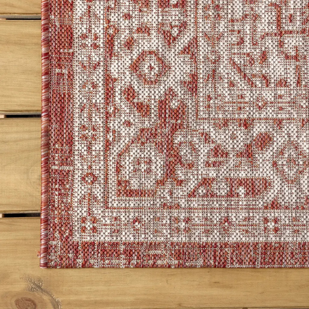 8' Red And Taupe Medallion Indoor Outdoor Runner Rug Homeroots Outdoor