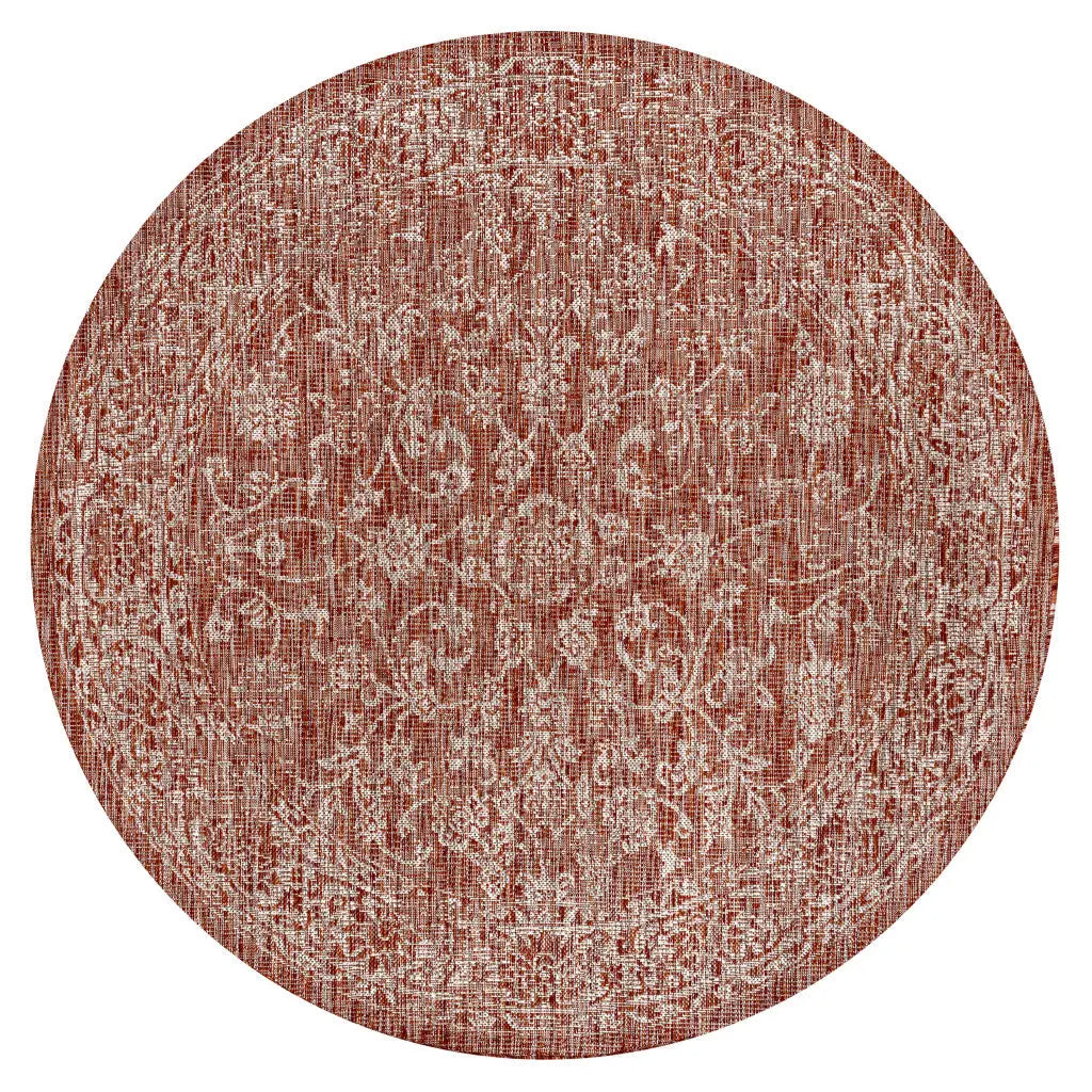 8' Red And Taupe Round Medallion Indoor Outdoor Area Rug Homeroots Outdoor