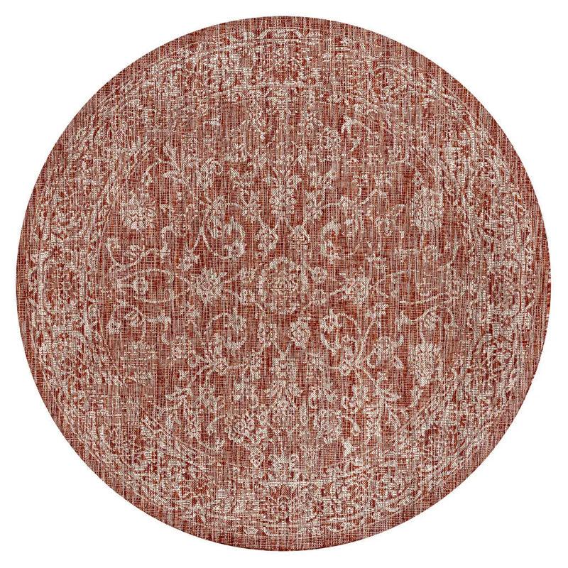 8' Red And Taupe Round Medallion Indoor Outdoor Area Rug Homeroots Outdoor