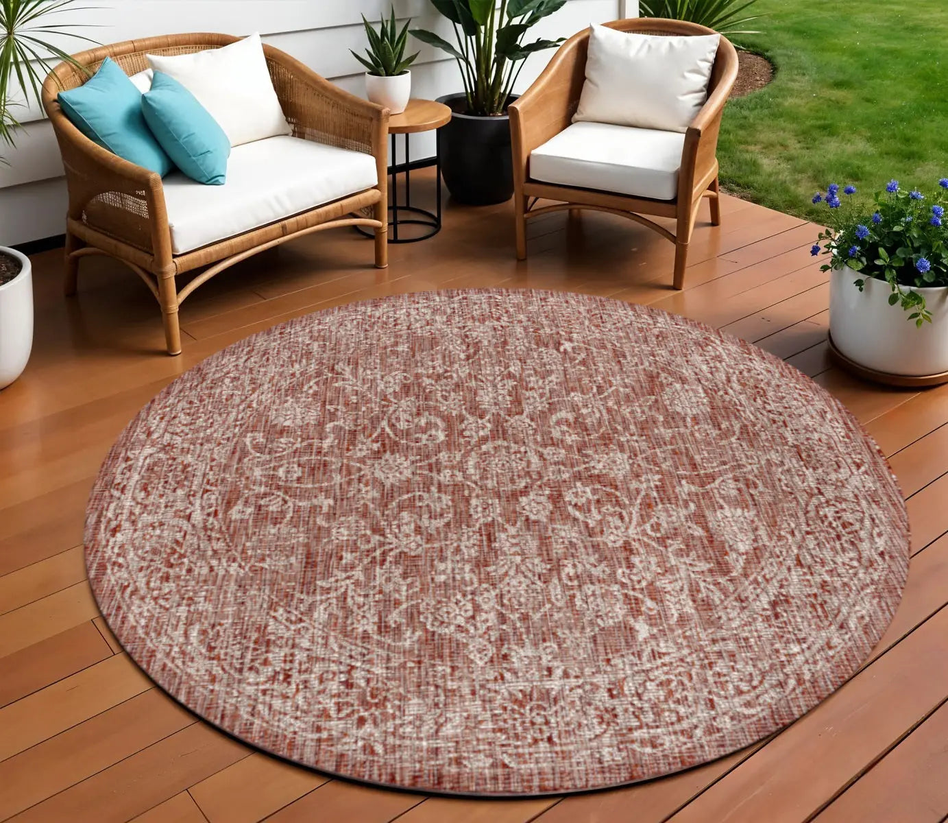 8' Red And Taupe Round Medallion Indoor Outdoor Area Rug Homeroots Outdoor