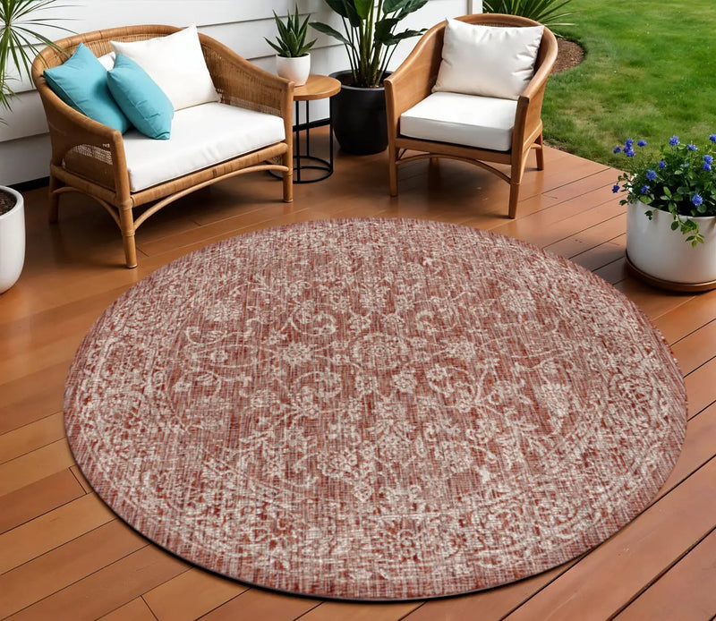 8' Red And Taupe Round Medallion Indoor Outdoor Area Rug Homeroots Outdoor