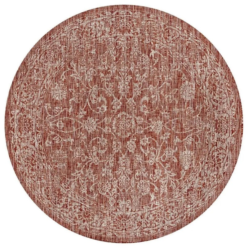 8' Red And Taupe Round Medallion Indoor Outdoor Area Rug Homeroots Outdoor