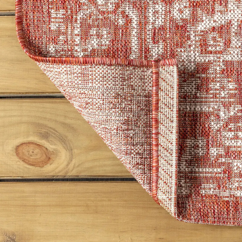 8' Red And Taupe Square Medallion Indoor Outdoor Area Rug Homeroots Outdoor