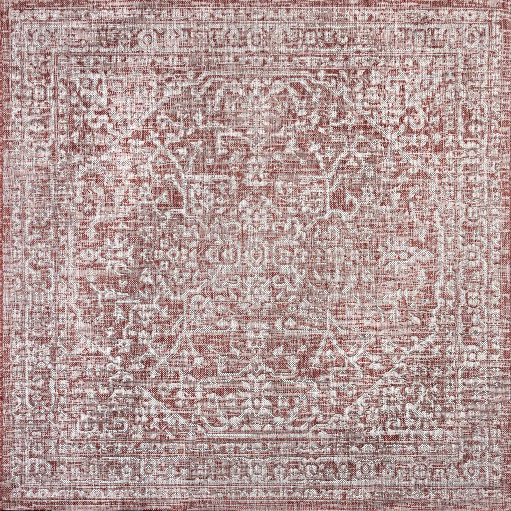 8' Red And Taupe Square Medallion Indoor Outdoor Area Rug Homeroots Outdoor