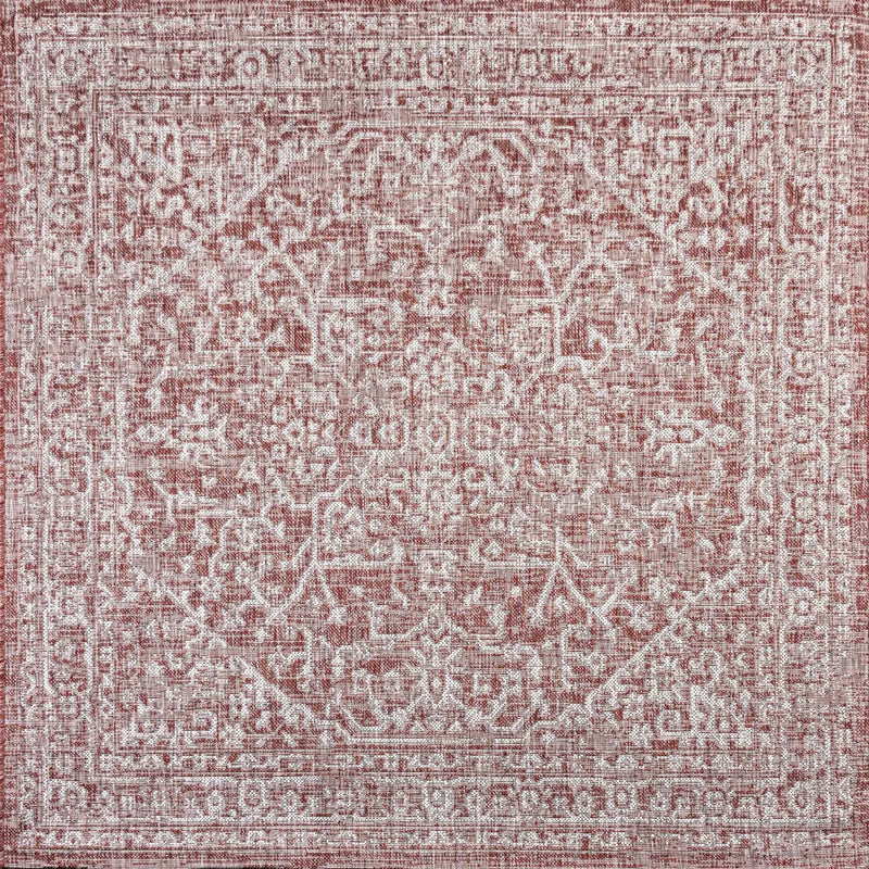 8' Red And Taupe Square Medallion Indoor Outdoor Area Rug Homeroots Outdoor
