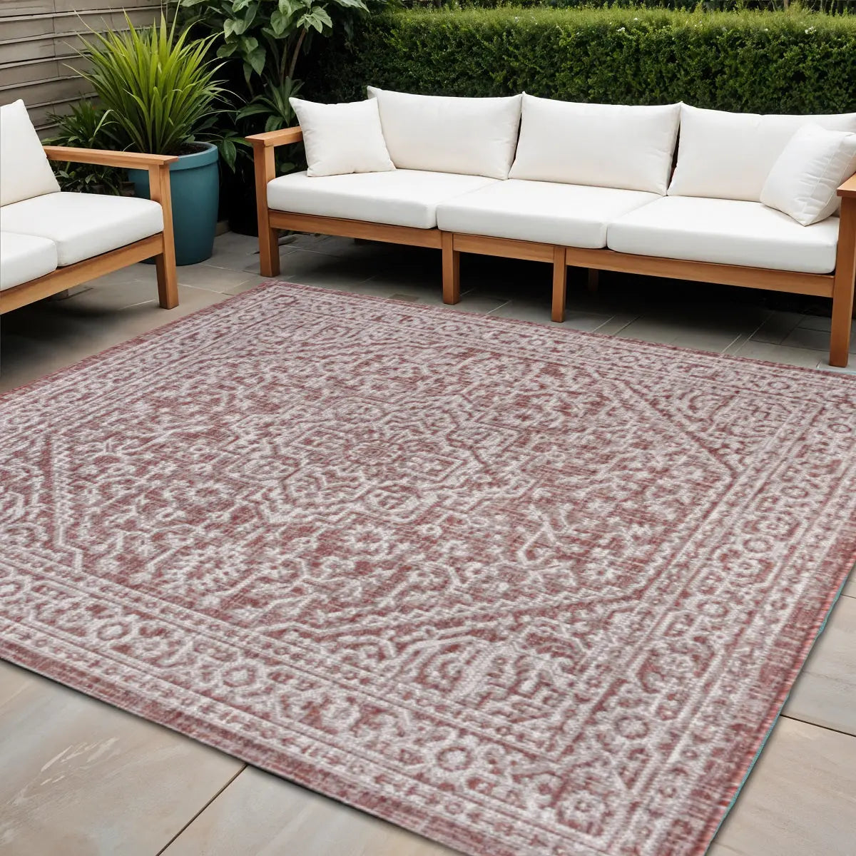 8' Red And Taupe Square Medallion Indoor Outdoor Area Rug Homeroots Outdoor