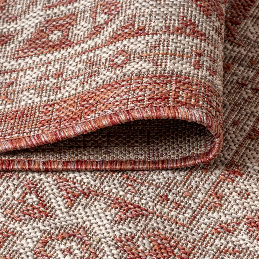 8' Red And Taupe Square Medallion Indoor Outdoor Area Rug Homeroots Outdoor