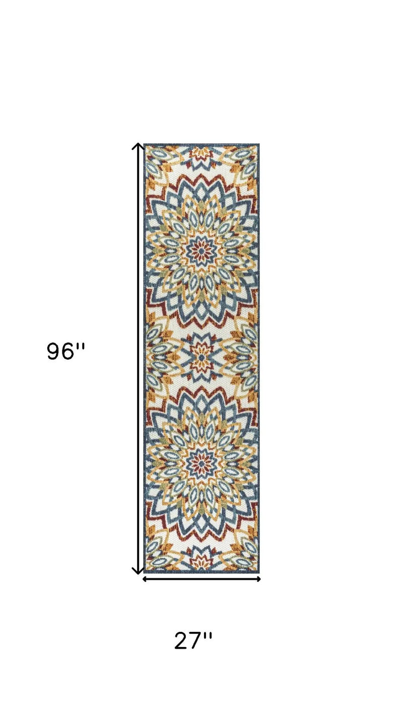 8' Red Blue And Yellow Medallion Indoor Outdoor Runner Rug Homeroots Outdoor