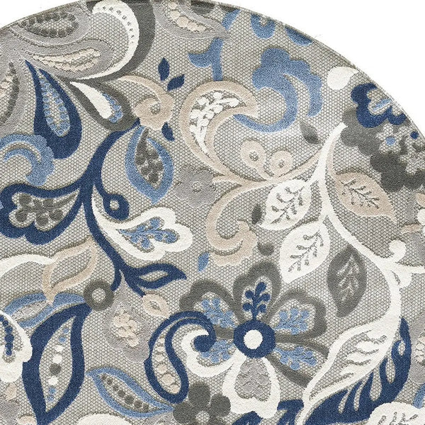 8’ Round Blue Gray Jacobean Floral Indoor Outdoor Area Rug Homeroots Outdoor
