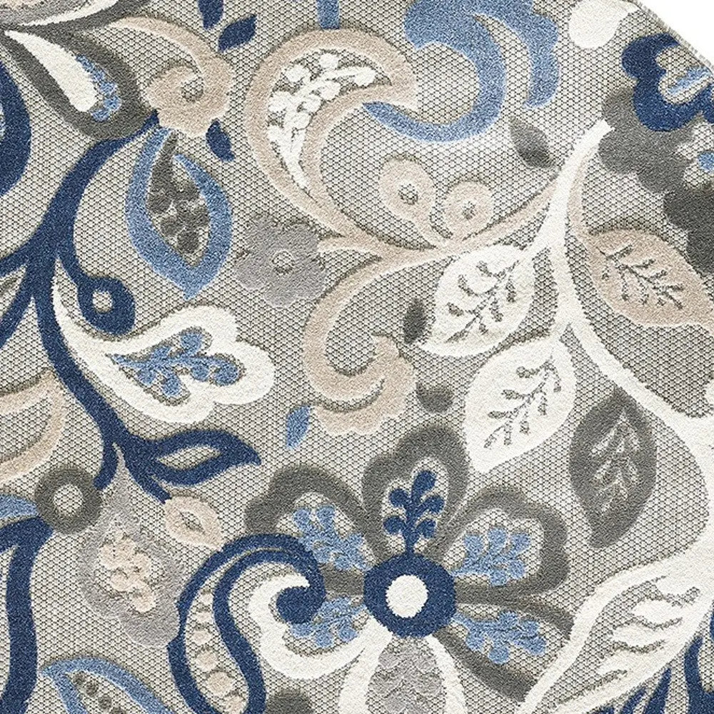 8’ Round Blue Gray Jacobean Floral Indoor Outdoor Area Rug Homeroots Outdoor