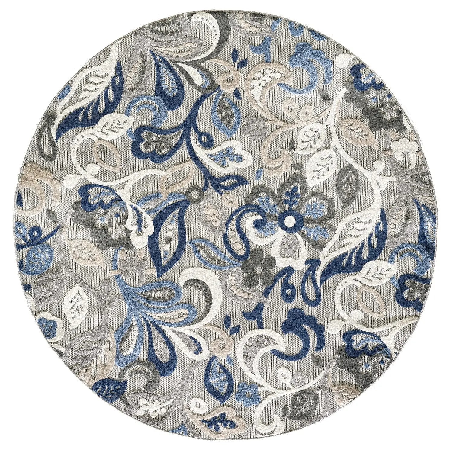 8’ Round Blue Gray Jacobean Floral Indoor Outdoor Area Rug Homeroots Outdoor