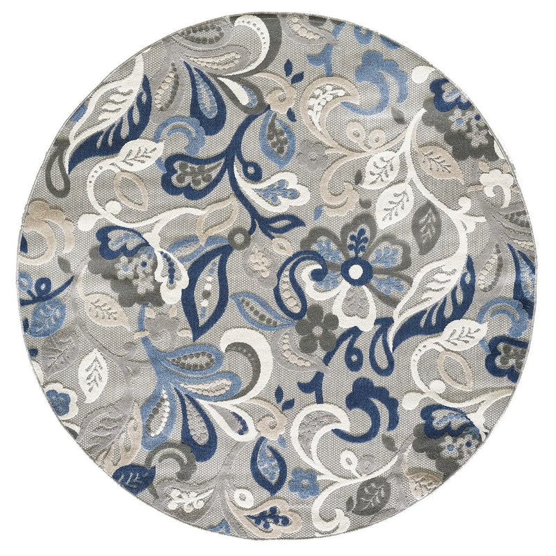 8’ Round Blue Gray Jacobean Floral Indoor Outdoor Area Rug Homeroots Outdoor