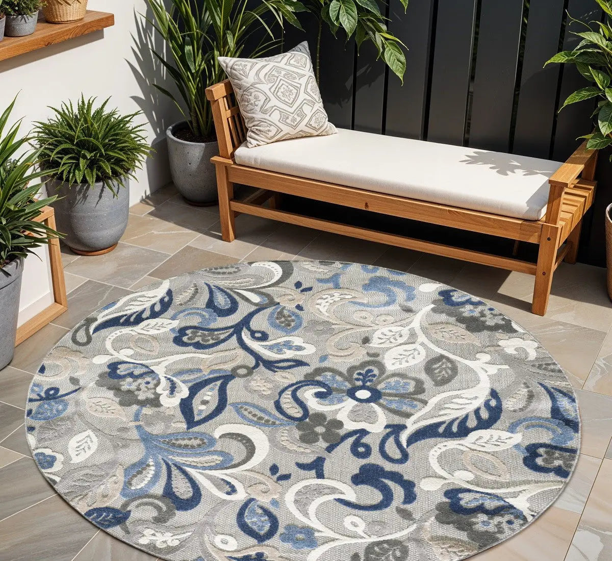 8’ Round Blue Gray Jacobean Floral Indoor Outdoor Area Rug Homeroots Outdoor