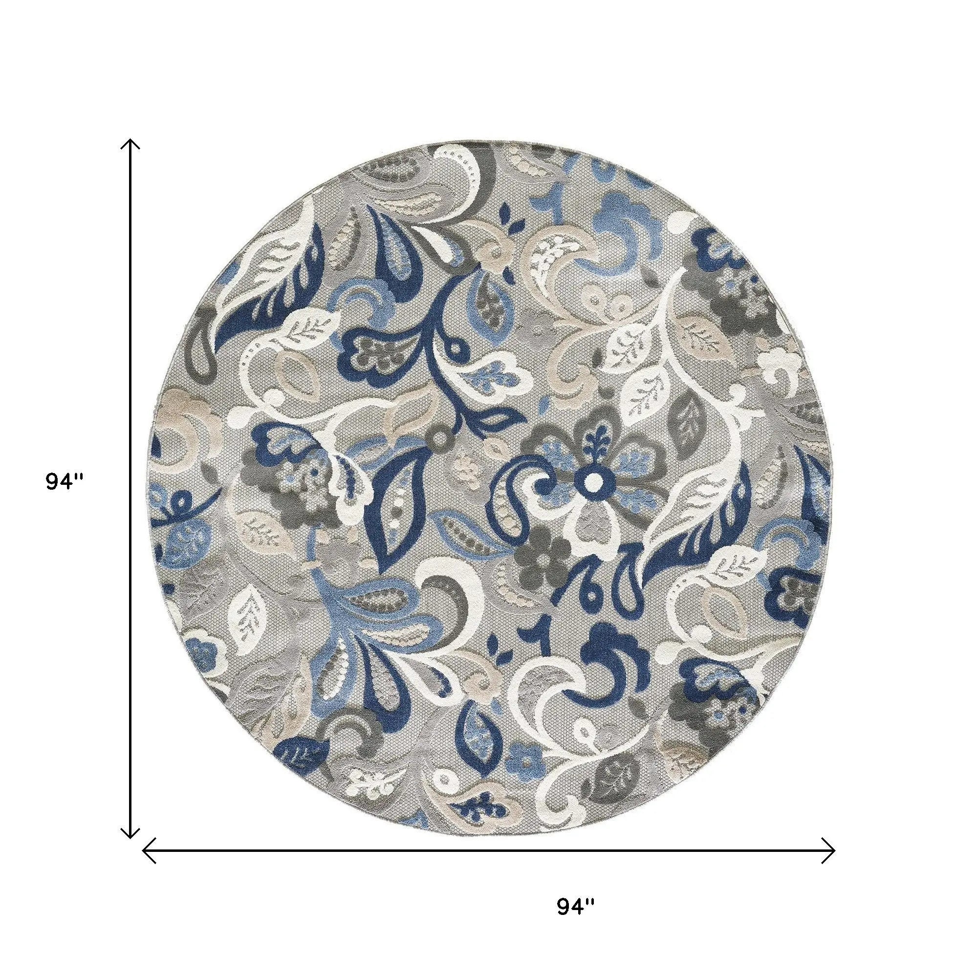 8’ Round Blue Gray Jacobean Floral Indoor Outdoor Area Rug Homeroots Outdoor