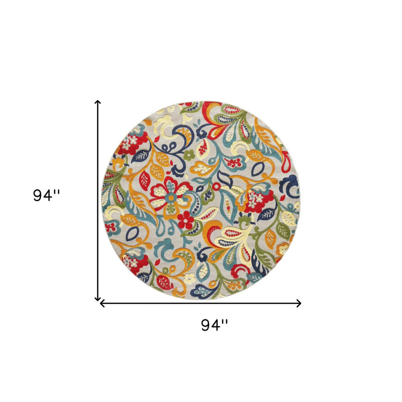 8' Round Ivory And Blue Round Floral Stain Resistant Indoor Outdoor Area Rug Homeroots Outdoor