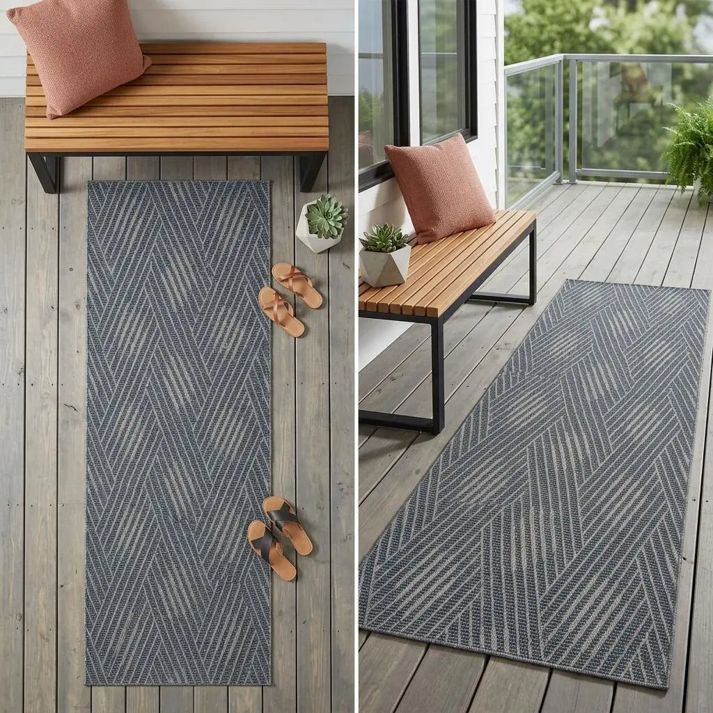 8' Runner Gray and Blue Geometric Stain Resistant Indoor Outdoor Runner Rug Homeroots Outdoor
