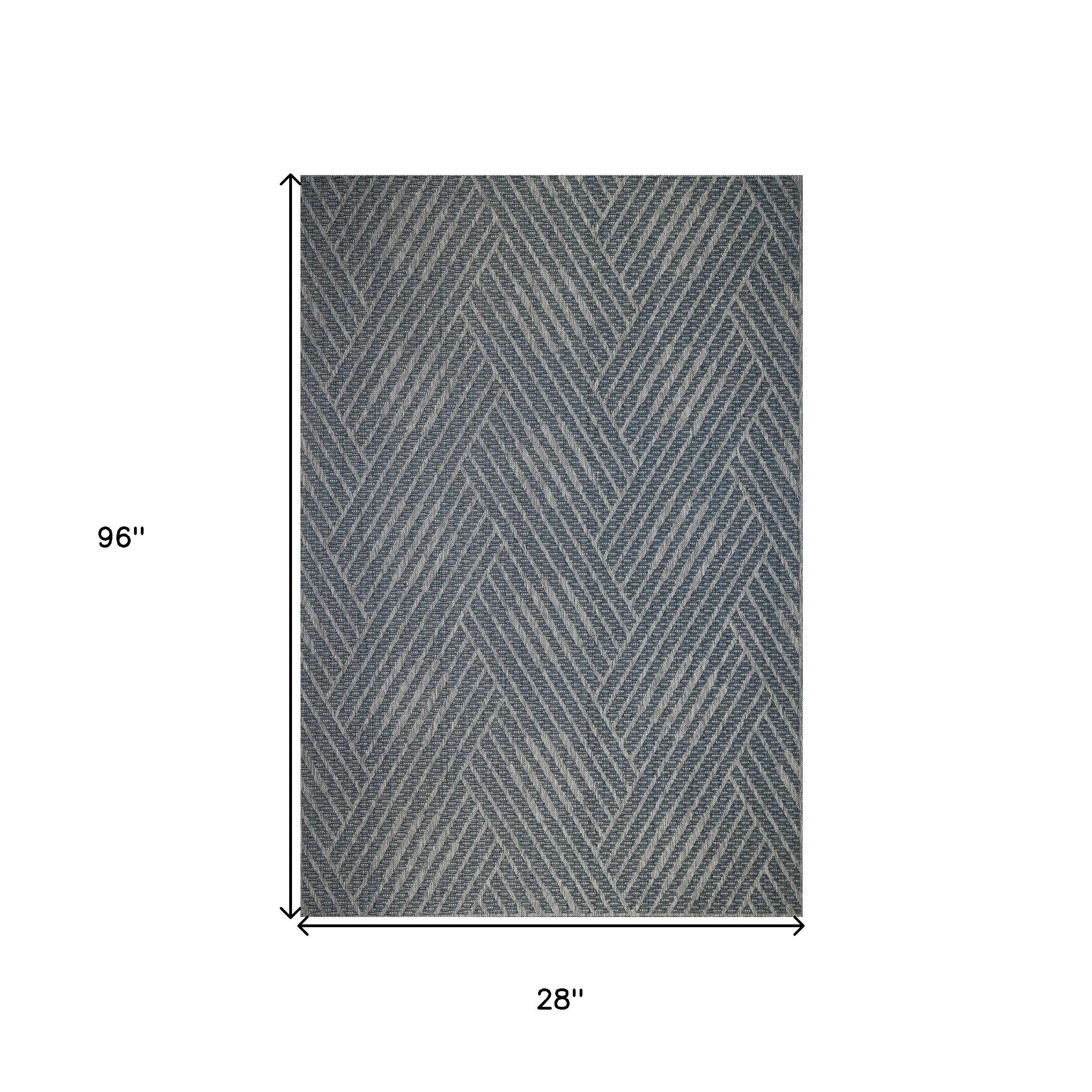 8' Runner Gray and Blue Geometric Stain Resistant Indoor Outdoor Runner Rug Homeroots Outdoor