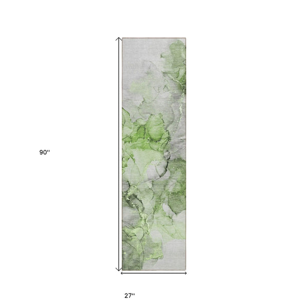 8' Runner Green Abstract Washable Non Skid Indoor Outdoor Runner Rug Homeroots Outdoor