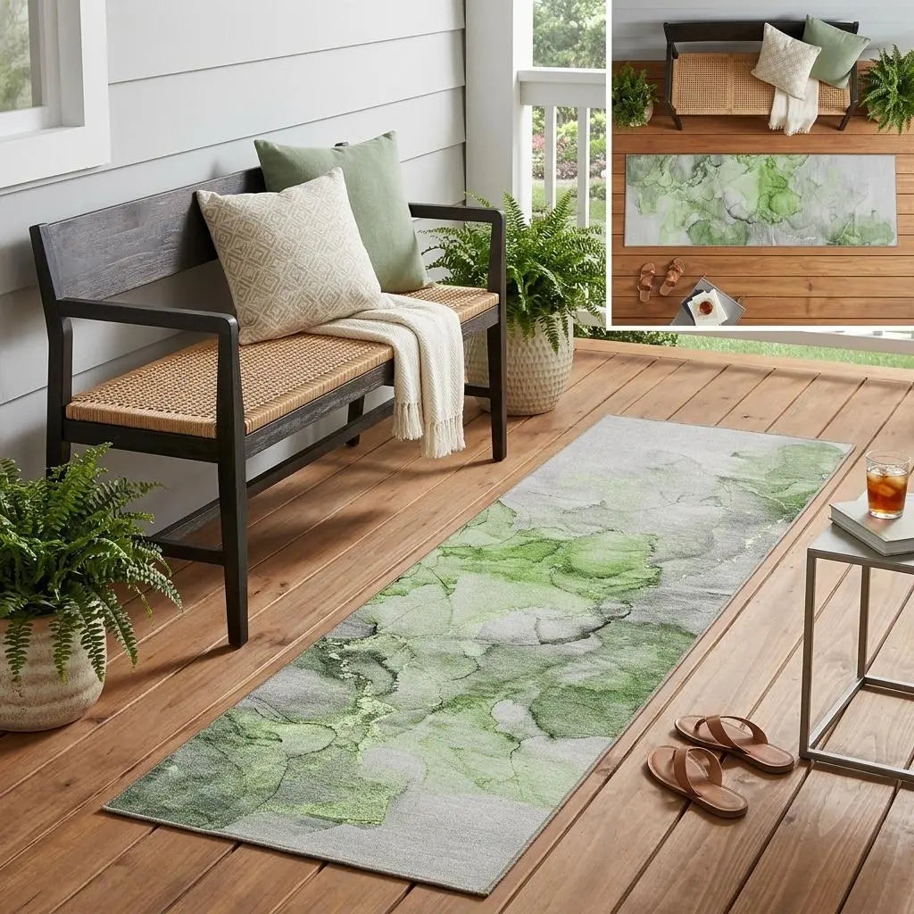 8' Runner Green Abstract Washable Non Skid Indoor Outdoor Runner Rug Homeroots Outdoor