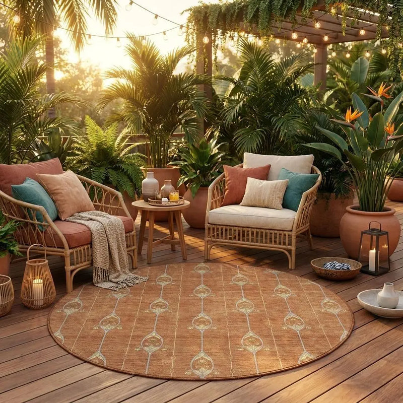 8' Rust And Linen Round Geometric Washable Indoor Outdoor Area Rug Homeroots Outdoor