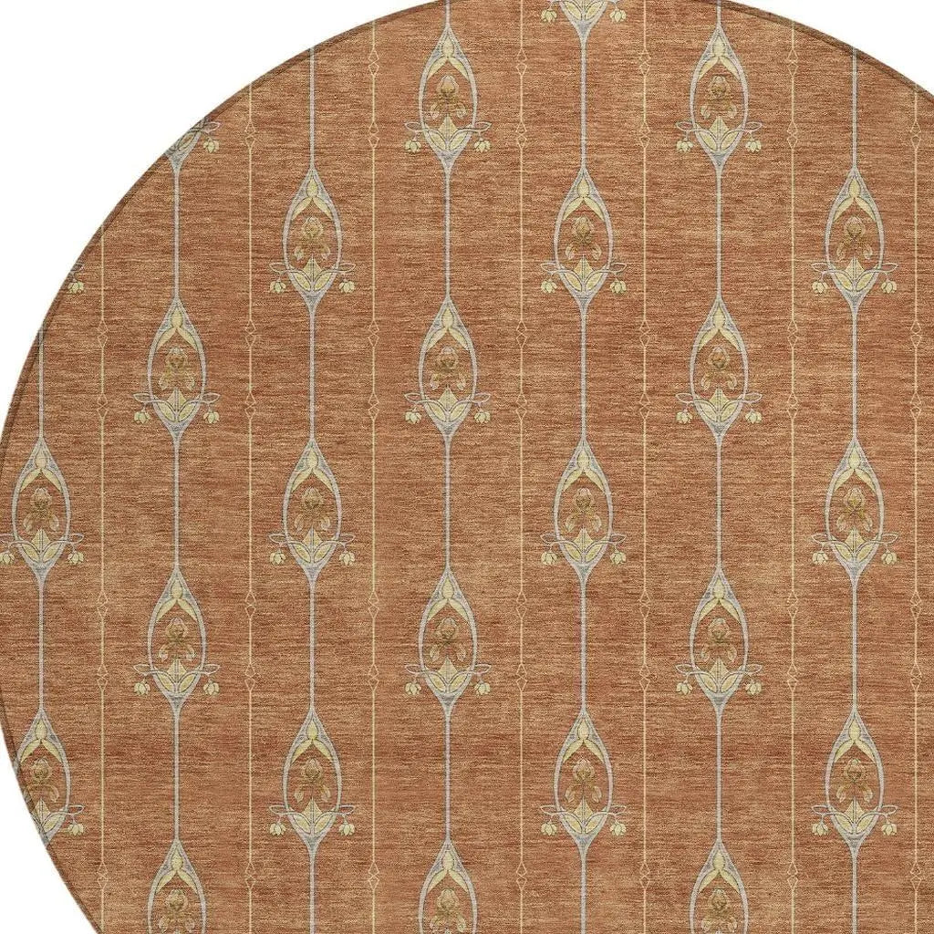 8' Rust And Linen Round Geometric Washable Indoor Outdoor Area Rug Homeroots Outdoor