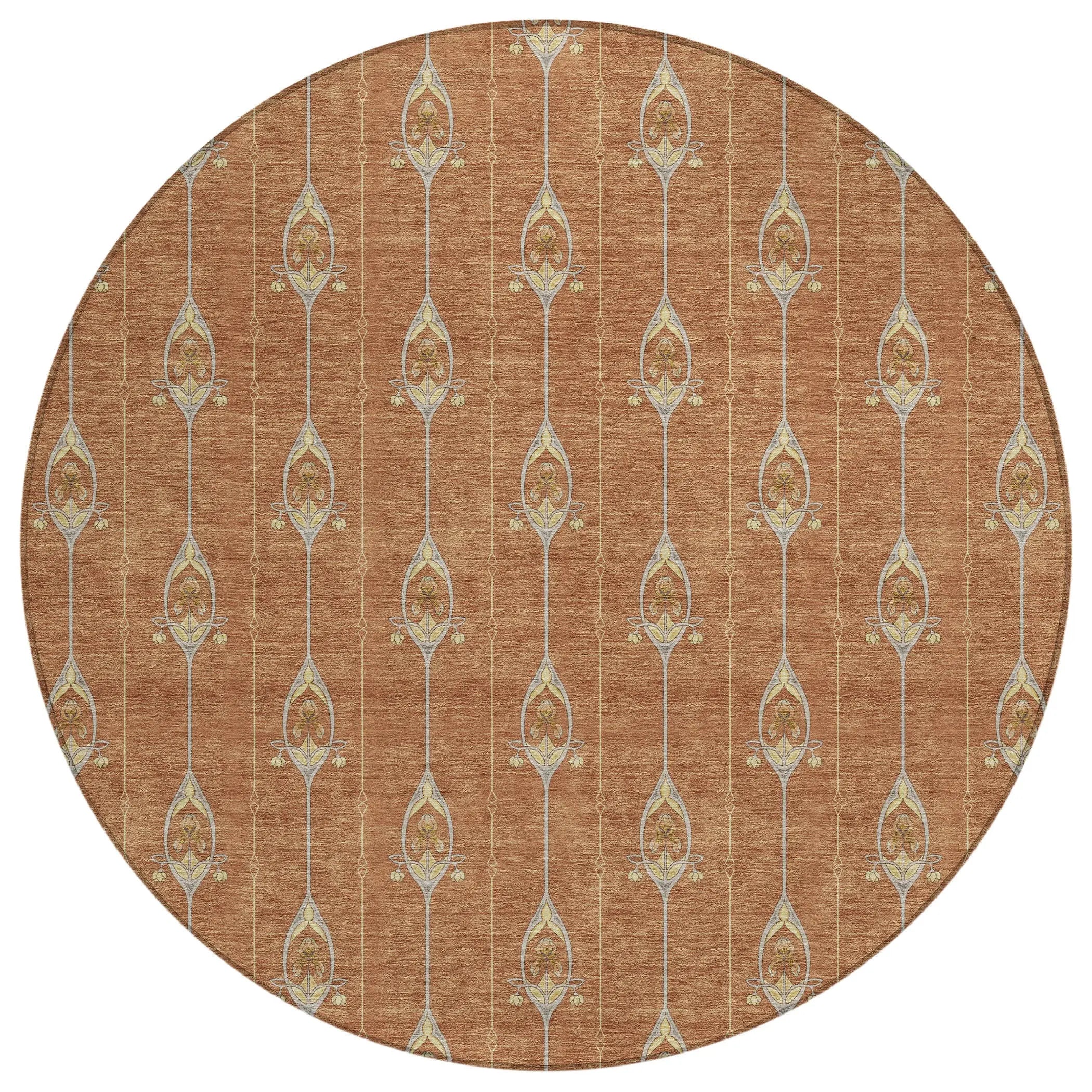8' Rust And Linen Round Geometric Washable Indoor Outdoor Area Rug Homeroots Outdoor
