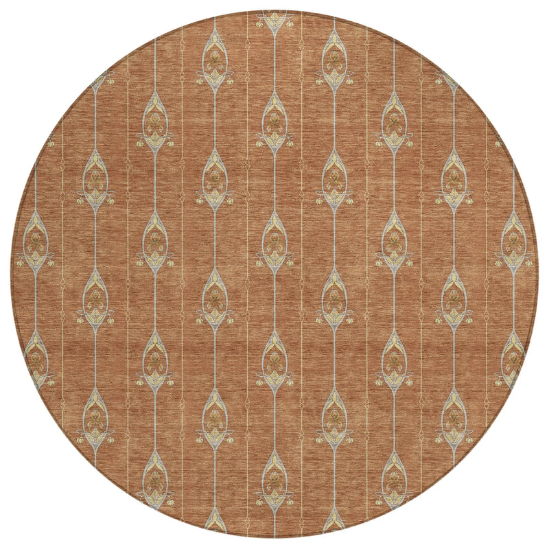 8' Rust And Linen Round Geometric Washable Indoor Outdoor Area Rug Homeroots Outdoor