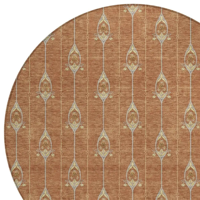 8' Rust And Linen Round Geometric Washable Indoor Outdoor Area Rug Homeroots Outdoor