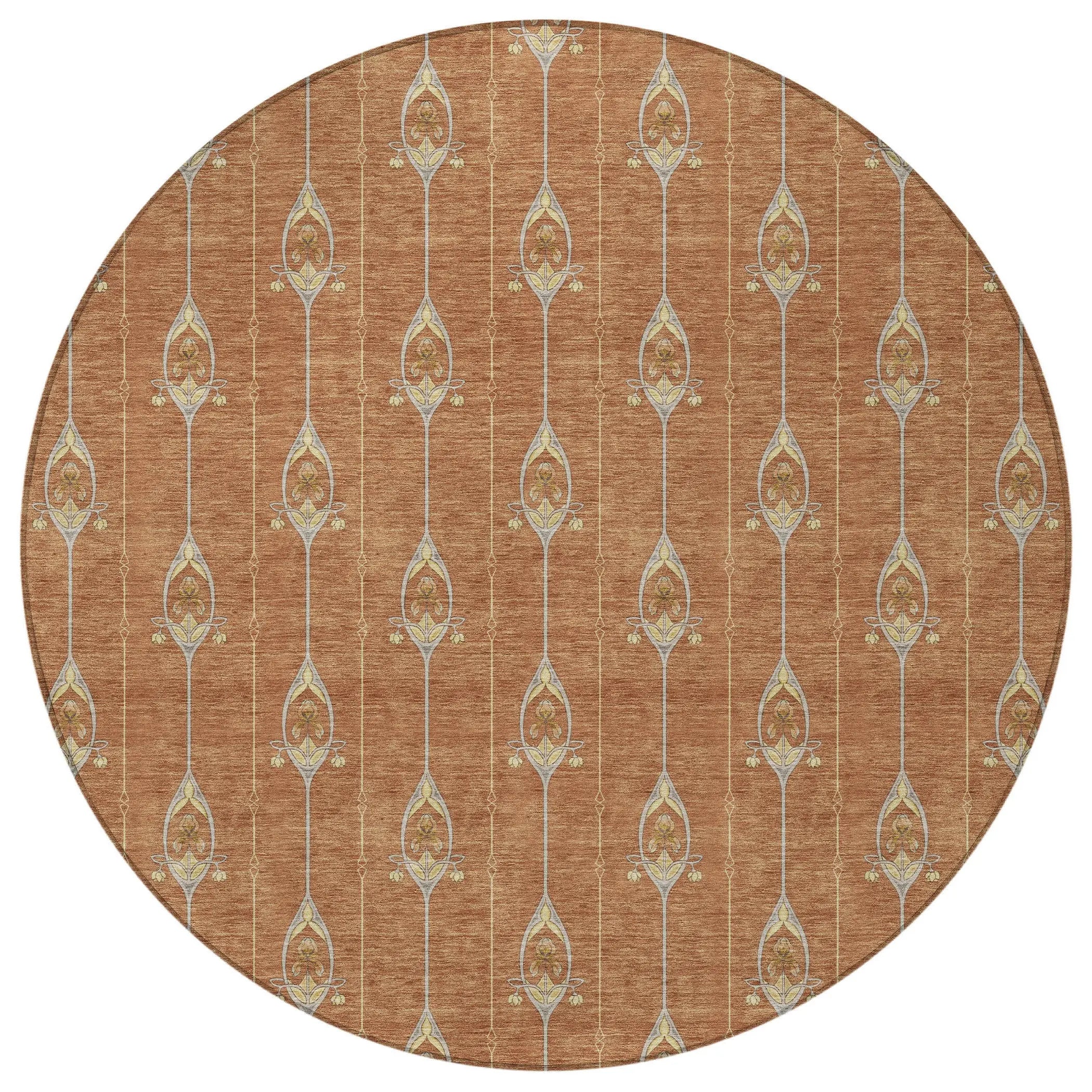 8' Rust And Linen Round Geometric Washable Indoor Outdoor Area Rug Homeroots Outdoor