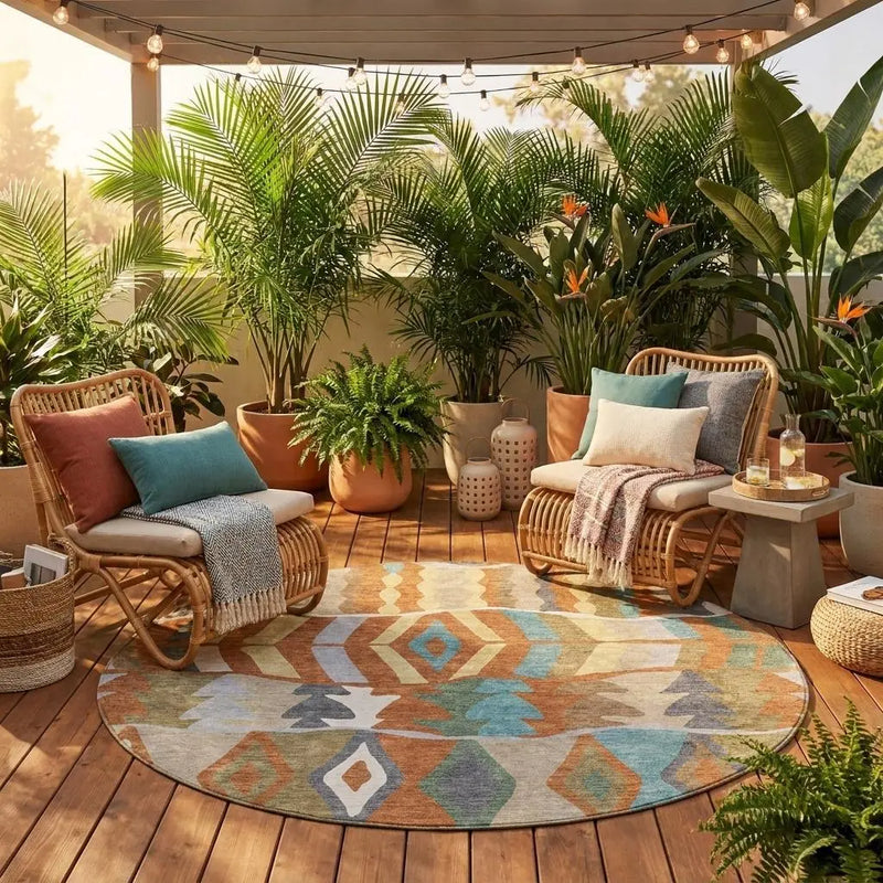8' Rust And Orange Round Geometric Washable Indoor Outdoor Area Rug Homeroots Outdoor