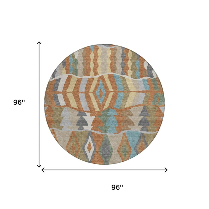8' Rust And Orange Round Geometric Washable Indoor Outdoor Area Rug Homeroots Outdoor