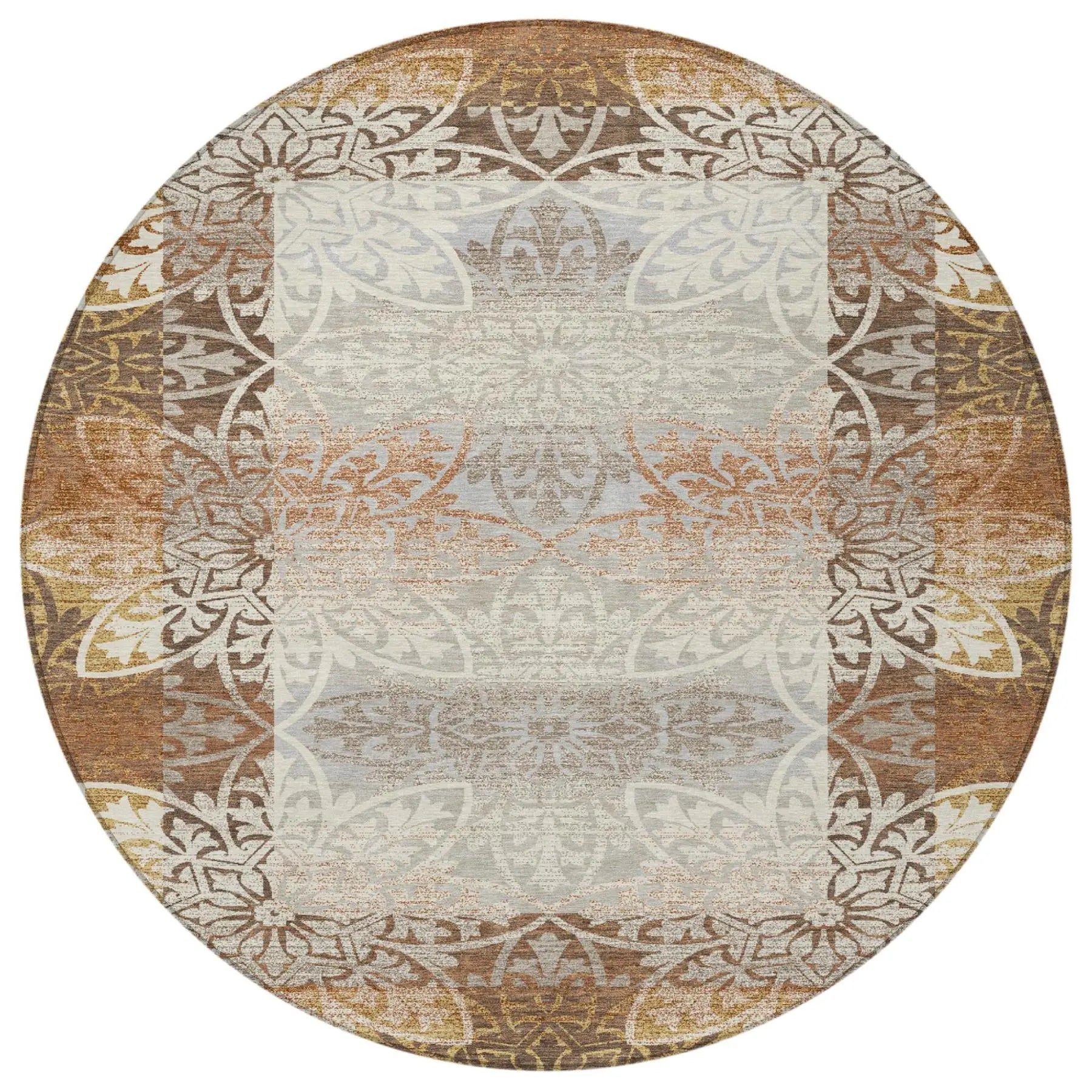 8' Rust And Orange Round Oriental Washable Indoor Outdoor Area Rug Homeroots Outdoor