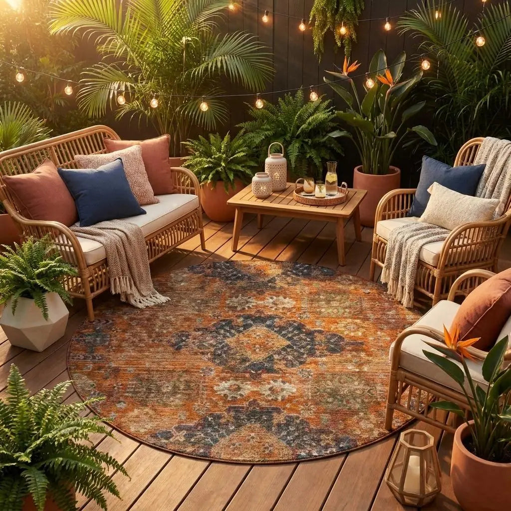 8' Rust And Orange Round Oriental Washable Indoor Outdoor Area Rug Homeroots Outdoor